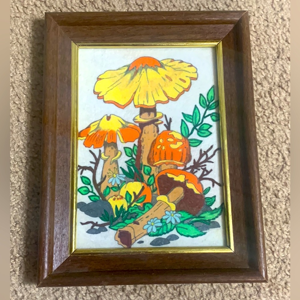 Vintage Retro 70’s Frame Mushroom Wall Hanging Art 9x6 1/2